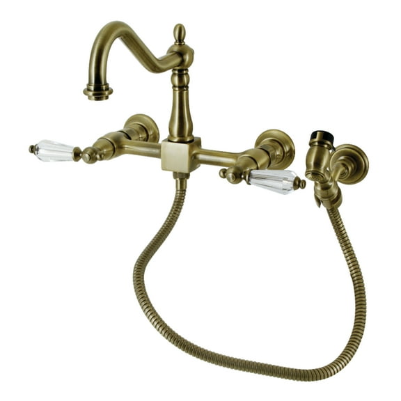 Kingston Brass KS1243WLLBS Wilshire Double-Handle Wall-Mount Bridge Kitchen Faucet with Brass Sprayer, Antique Brass