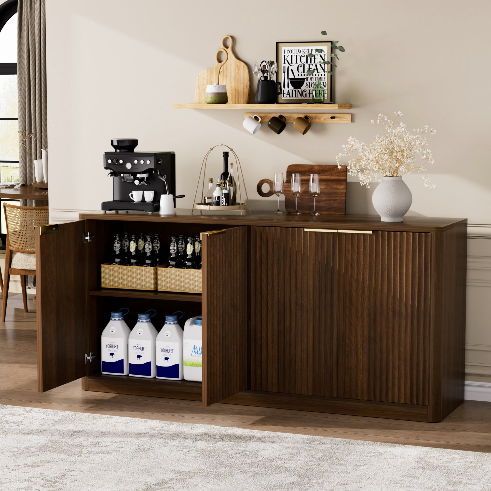 59" Modern Wavy Sideboard Cabinet, Curved 4-Door Storage Cabinet, TV Stand Buffet Cabinet for Living Room Bedroom Kitchen, Walnut