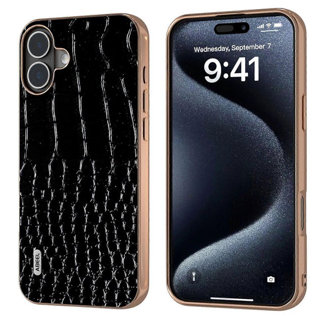 ABEEL For iPhone 16 Plus Case Electroplating Edge Crocodile Texture Genuine Cow Leather Back Phone C