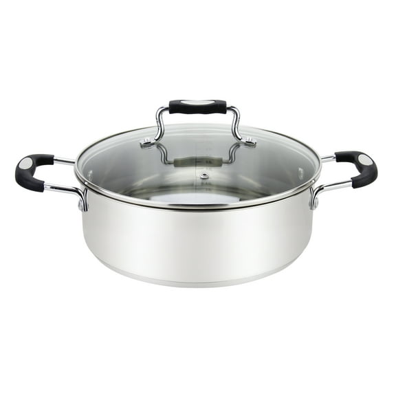 Millvado Stainless Steel Casserole Pot, Large Steel Dutch Oven, Boiling Pot for Soup, Spaghetti, Braising, 8.4 Quart Induction Cooking Pot, Urban Collection Low Round Mirrored Stainless Pots