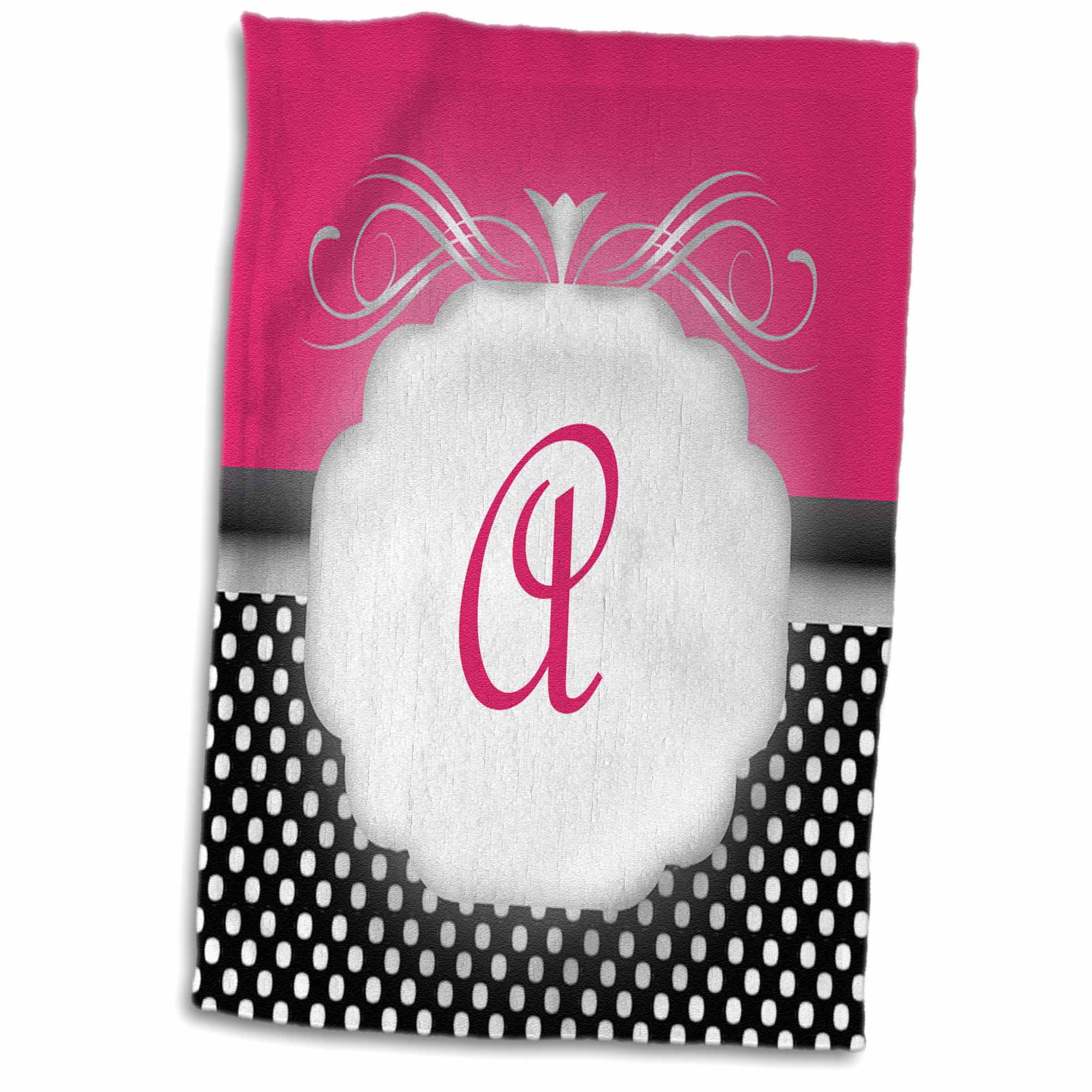 3dRose Elegant Pink with Black and White Polka Dot Monogram Letter A - Towel, 15 by 22-inch