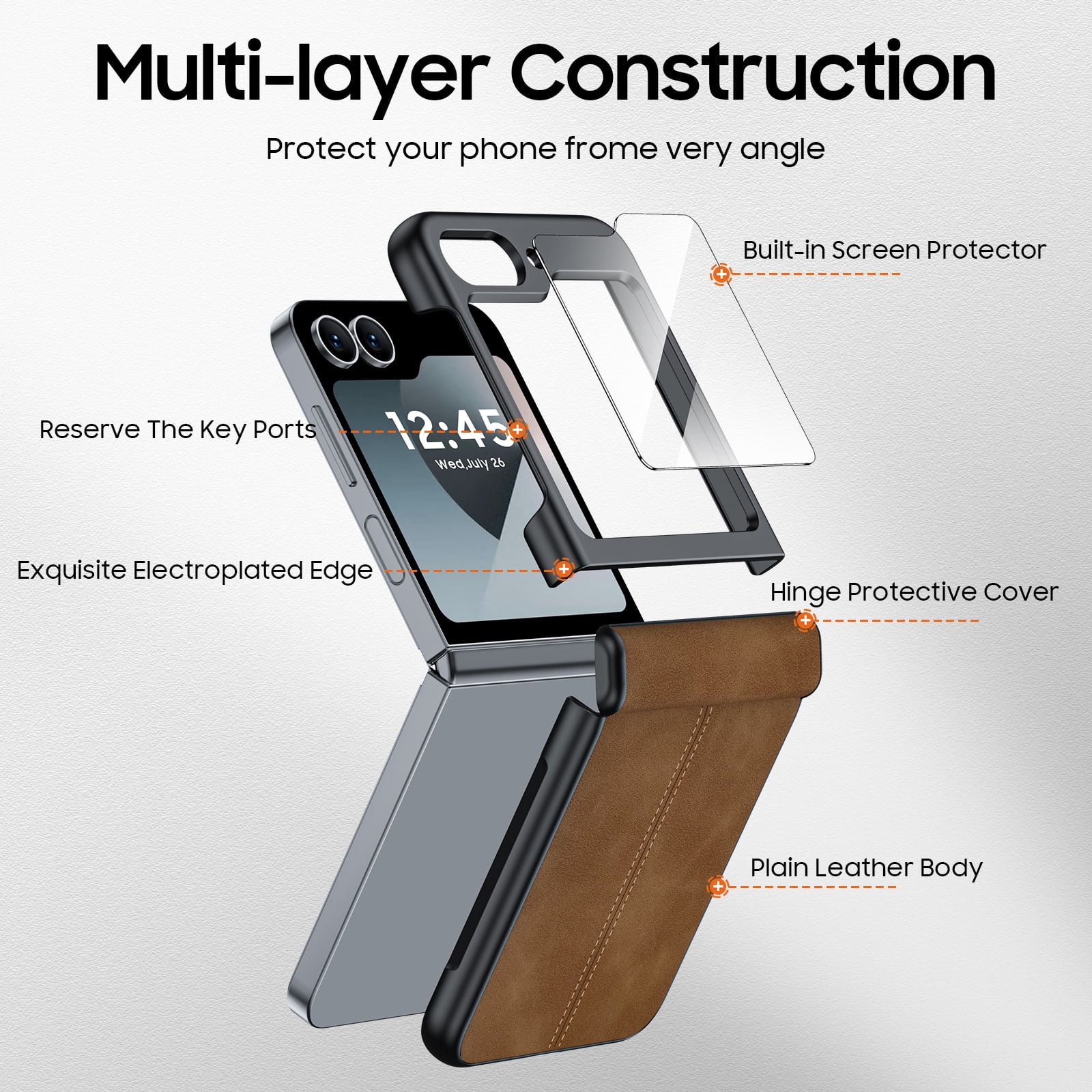 Oupeigar for Samsung Galaxy Z Flip 6/7FE Phone Case With Hinge Protection & Screen Protection,Ultra Thin Leather Shockproof Cover Case-Brown