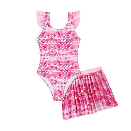 Toddler Girls Swimsuits Teen Summer Fish Scale Print Round Neck Sleeveless One-Piece Swimsuits With Stylish Swimming Skirts 2 Piece Bikini Sets Sport Swimwears Bathing Suits Pink 13-14 Years