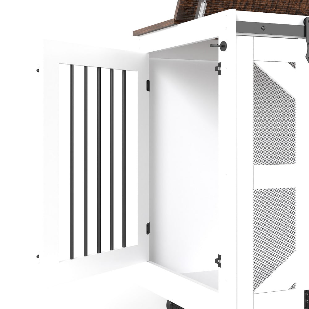 Brown white 47.2" Mobile Dog Crate with Flip-Top Feeding Door, Dual-Access & 5 Caster System (2 Locking), Side Hooks - Multi-Functional Pet Kennel,double dog crate furniture