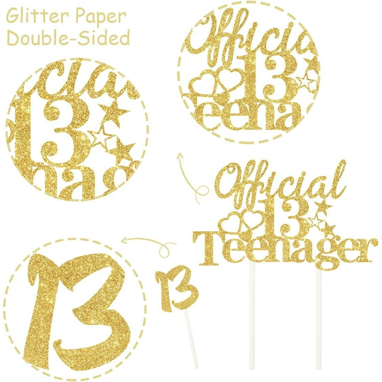 Official Teenager 13 Cake Topper - Gold Glitter, 13th Birthday Cake Decoration For Girls & Boys, Party Supplies