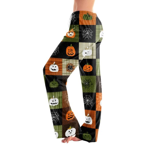 Pajama Pants for Women Halloween Pumpkin Ghost Print Soft Stretch Drawstring Comfy Pants