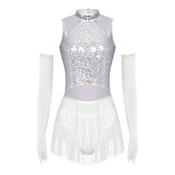 Kaerm Women's Ballroom Dance Outfits Fringe Sequin Latin Dance Dress with 1 Pair Gloves White XXL