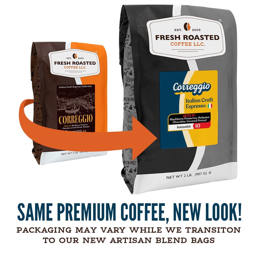 Fresh Roasted Coffee, Correggio Italian Craft Coffee, Med-Dark Roast, Whole Bean, 80 oz 5 lbs