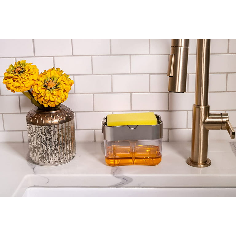 Suanti Kitchen Dish Soap Dispenser with Sponge Holder&Brush Holder for Sink  Organize Eco-Friendly Resin Hand Soap Sponge Dispenser 3 in 1 Hold 11oz