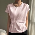 thumbnail image 2 of HAiming Womens Satin Silk Shirt Crew Neck Short Sleeve Waist Cincher Tops 2025 Summer Casual Solid Color Blouse, 2 of 3