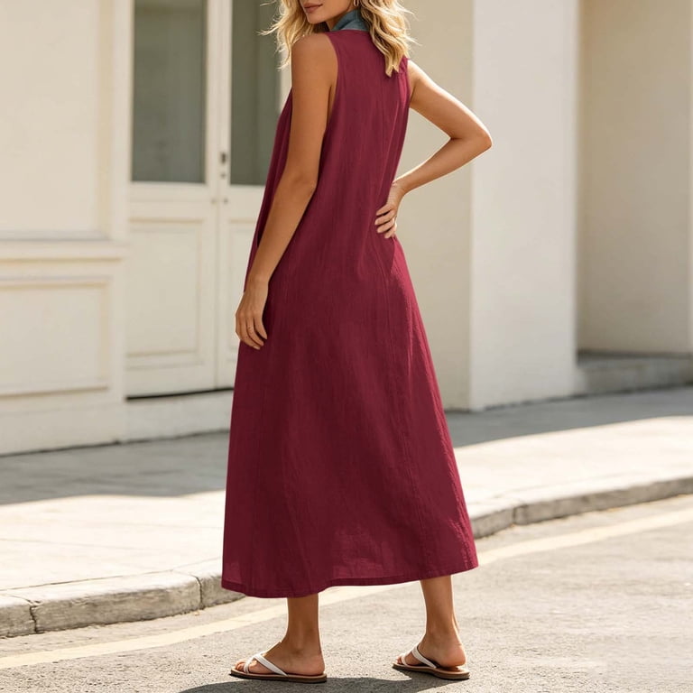 cotton a line dress with pockets Hvobtty Summer Women's Sleeveless Maxi A-Line Dress V Neck Linen Cotton Pocket Loose Long Solid Casual, Size: 2XL, Red