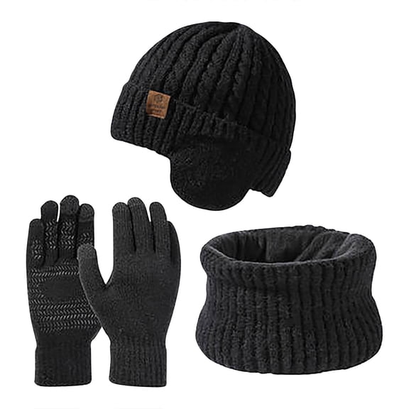 SERTG Women's Hat,Scarf,Gloves Three Piece Set Fal Winter Wool Warm Ear Protection with Lint Ball Knitted Hat Set(Black,M)