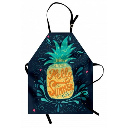 

Tropical Apron Hello Summer Quote Pineapple with Hearts Swirls and Teardrop Shapes Background Unisex Kitchen Bib Apron with Adjustable Neck for Cooking Baking Gardening Multicolor by Ambesonne
