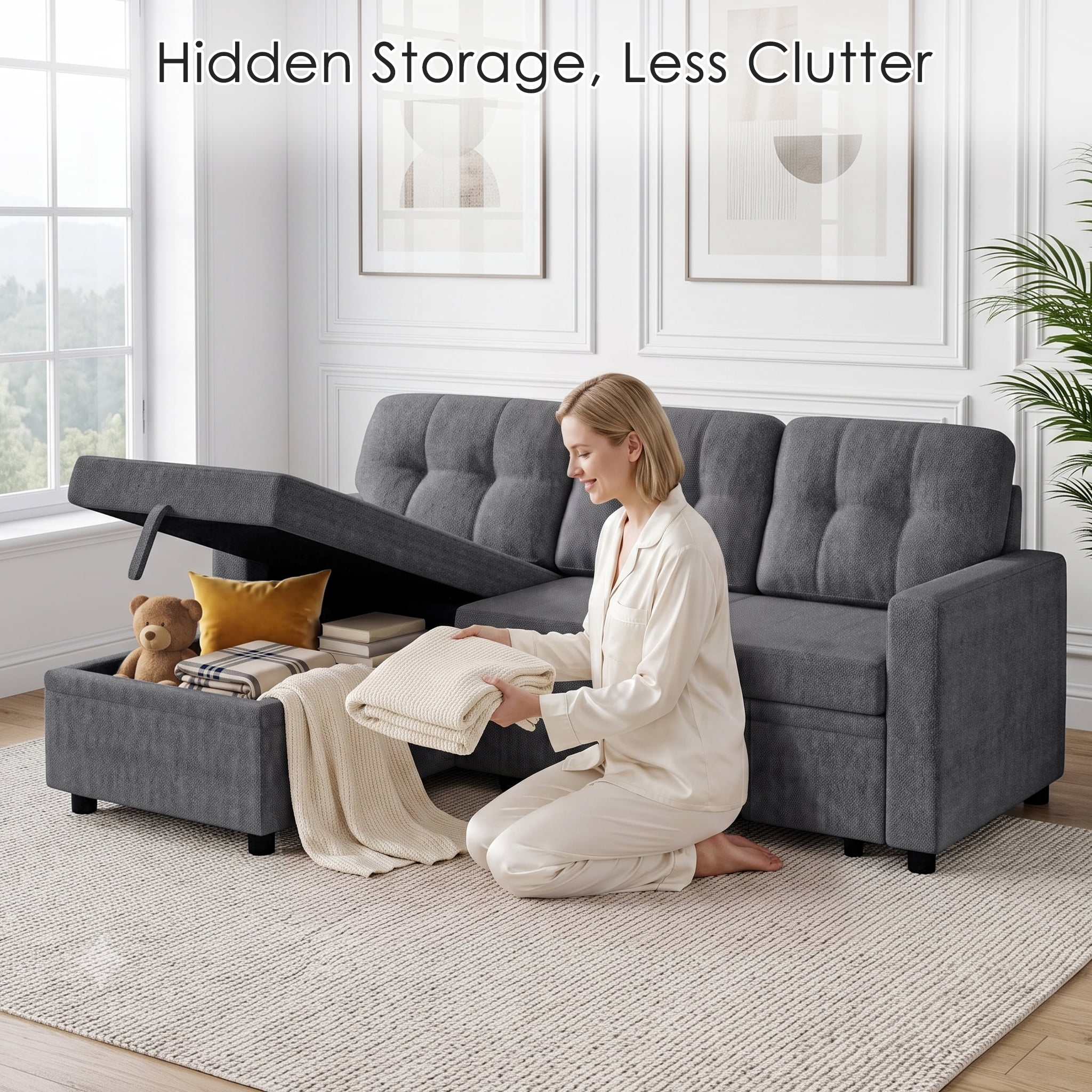 Xiweot Convertible Sleeper Sofa Bed, 82" L Shaped Sectional Couch with Pull Out Bed, Storage Chaise & Reversible Lounge, Teddy Fabric Compact Sectional Sofa for Living Room Apartment (Dark Grey)