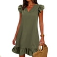 thumbnail image 2 of Ecqkame 2025 Womens Summer Dresses Solid Color V-Neck Ruffle Cap Vacation Dress Short Sleeve Pleated Hem Side Pockets Midi Dress Green L, 2 of 9