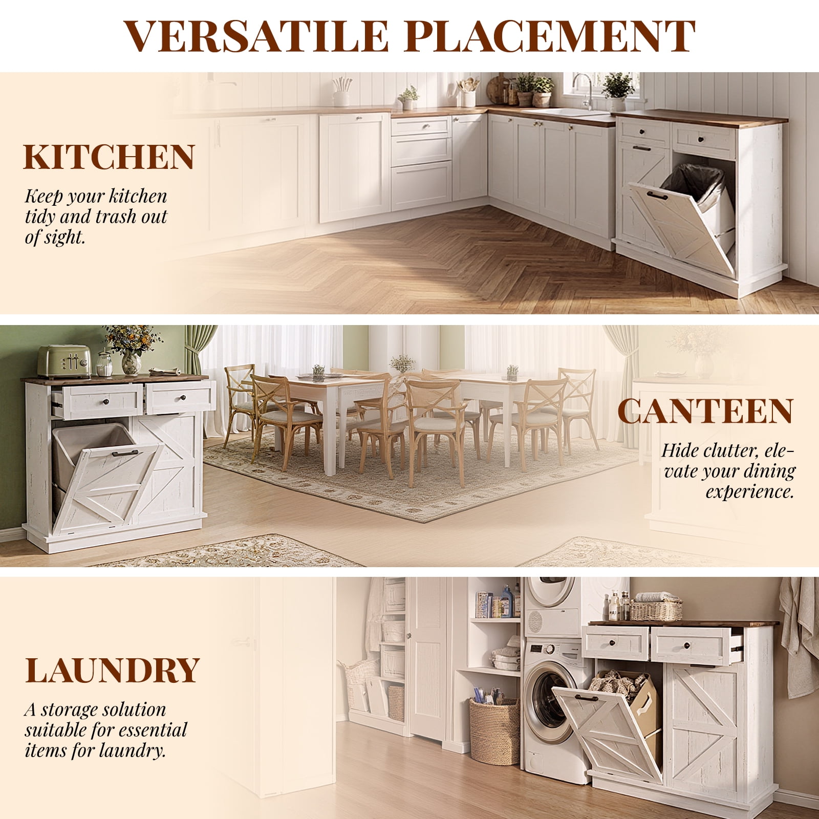 Tilt Out Trash Can Cabinet for Kitchen, Double 10-Gallon Hidden Trash Cabinet with Drawer, Farmhouse Wooden Garbage Cabinet, Dog Proof Trash Can Storage for Kitchen Laundry Living Room Office
