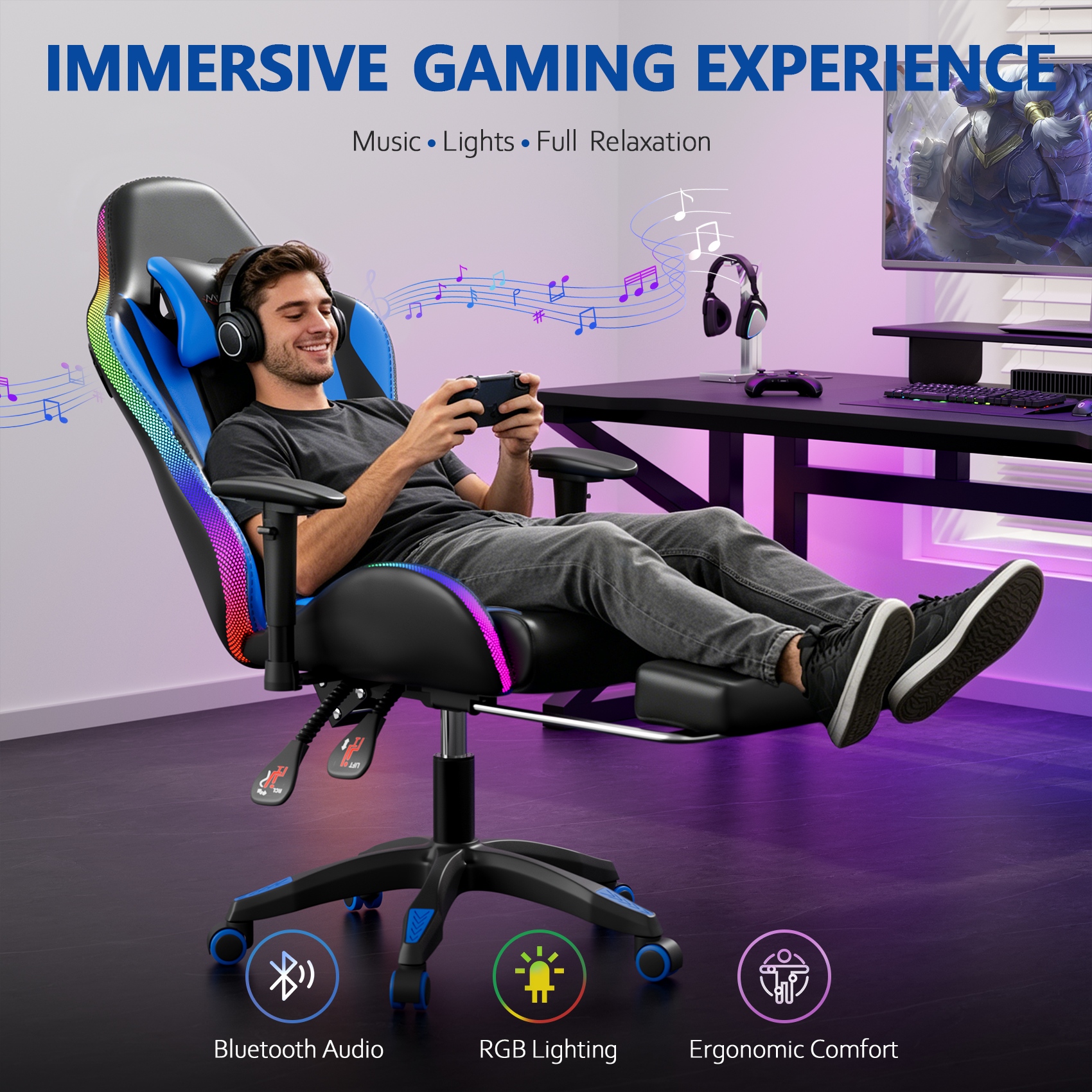 Mr IRONSTONE RGB Gaming Chair with Bluetooth, Blue/Black photo 3