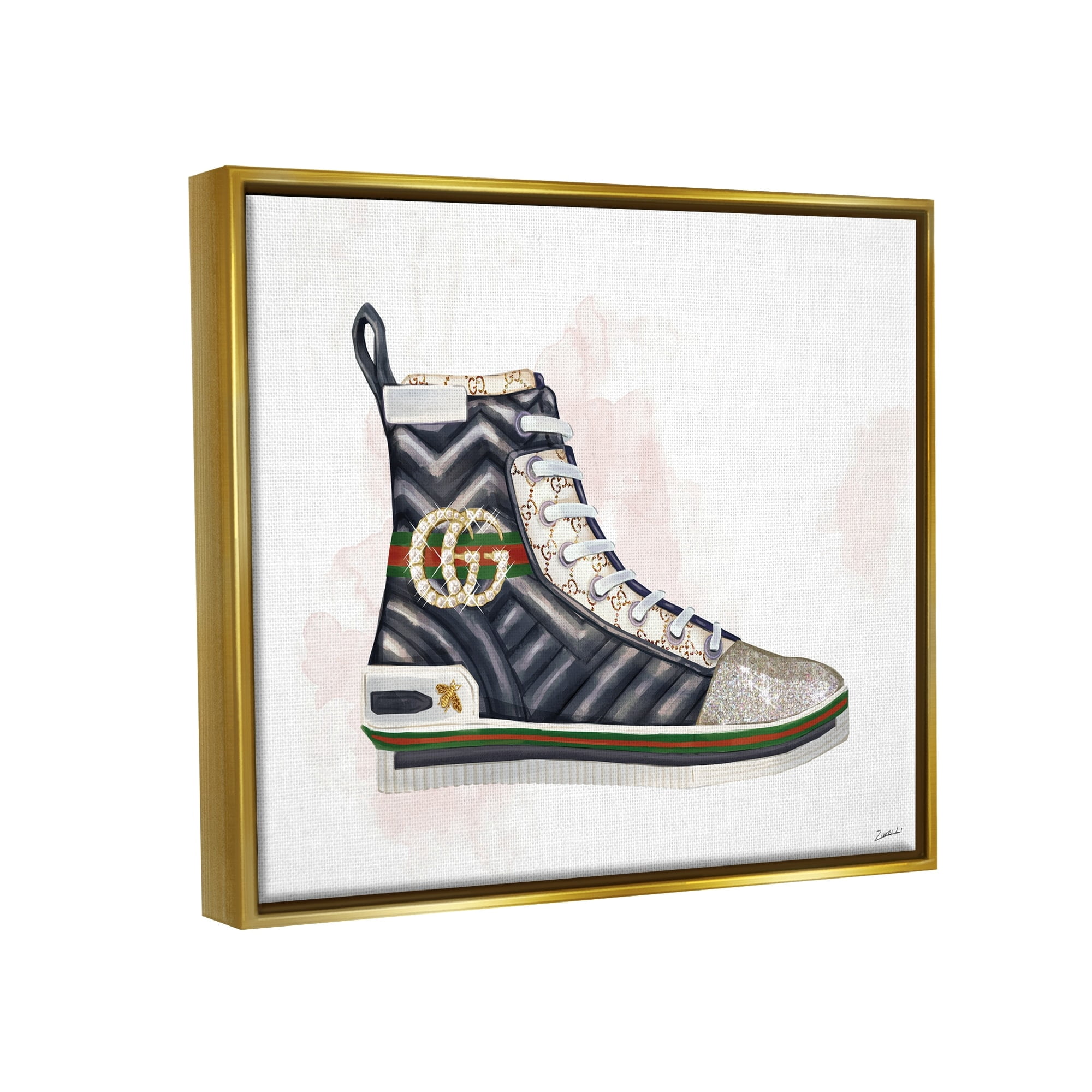 Stupell Industries Fashion Forward Pleated Sneaker Designer Glam Style Metallic Gold Framed Floating Canvas Wall Art, 16x20, by Ziwei Li