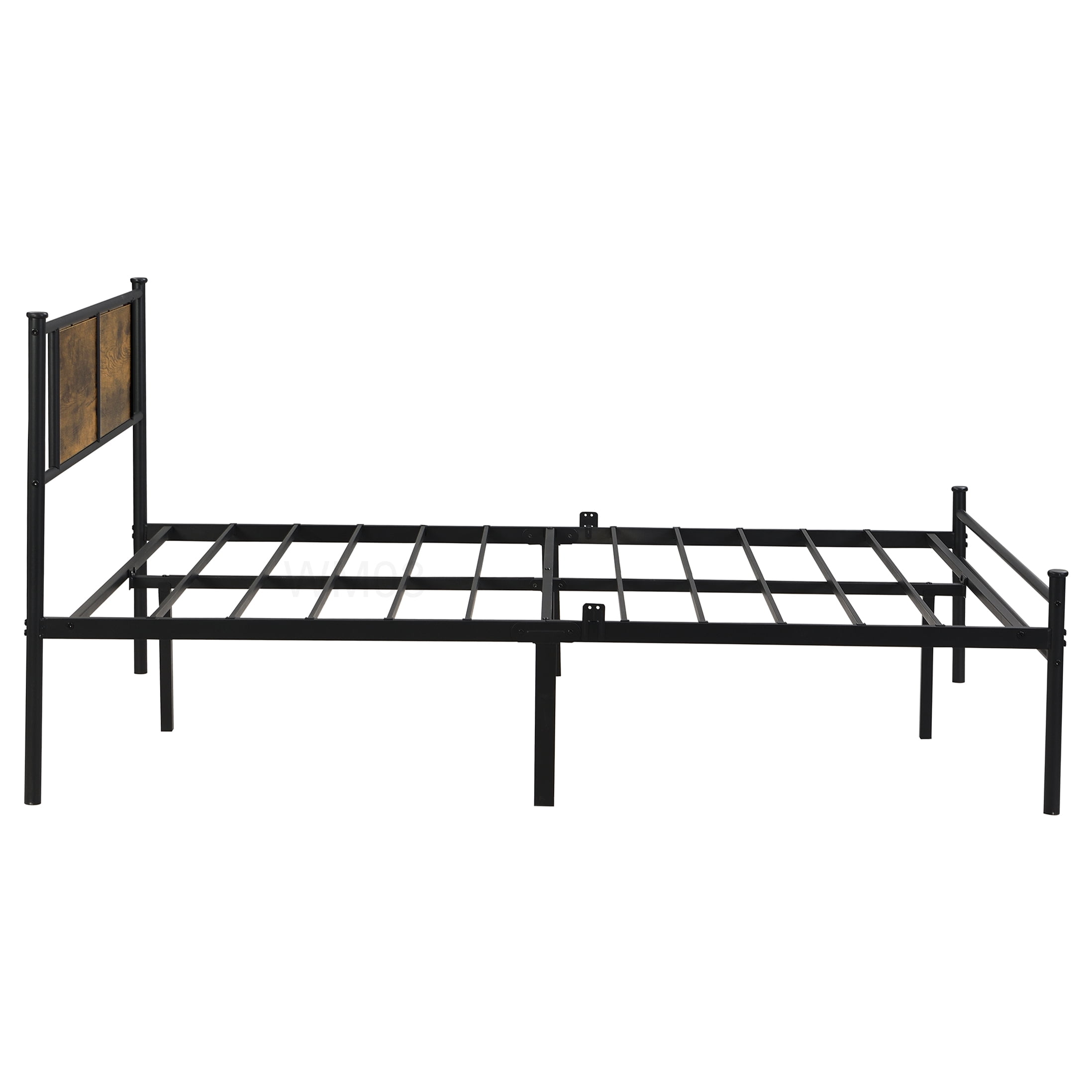 Metal Platform Bed Frame King Size with Wood Headboard and Underbed Storage, No Box Spring, Black Brown
