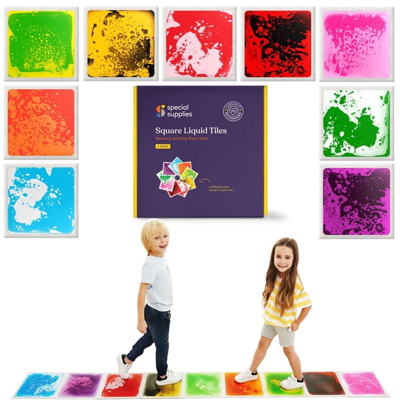 Special Supplies Carreaux Liquides Carrés pour Plancher pour Enfants, Ensemble de 9, Tapis Colorés d'Activités Sensorielles d'Apprentissage Précoce pour Tout-Petits et Enfants, Bac Antidérapant