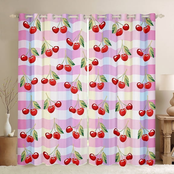 Manfei Kawaii Cherry Black Out Curtains for Kid, Cartoon Fruit Print Curtains Pack of 2 (42x63 Each), Pink Plum Buffalo Bedroom Curtains, Curtains and Drapes Room Decor