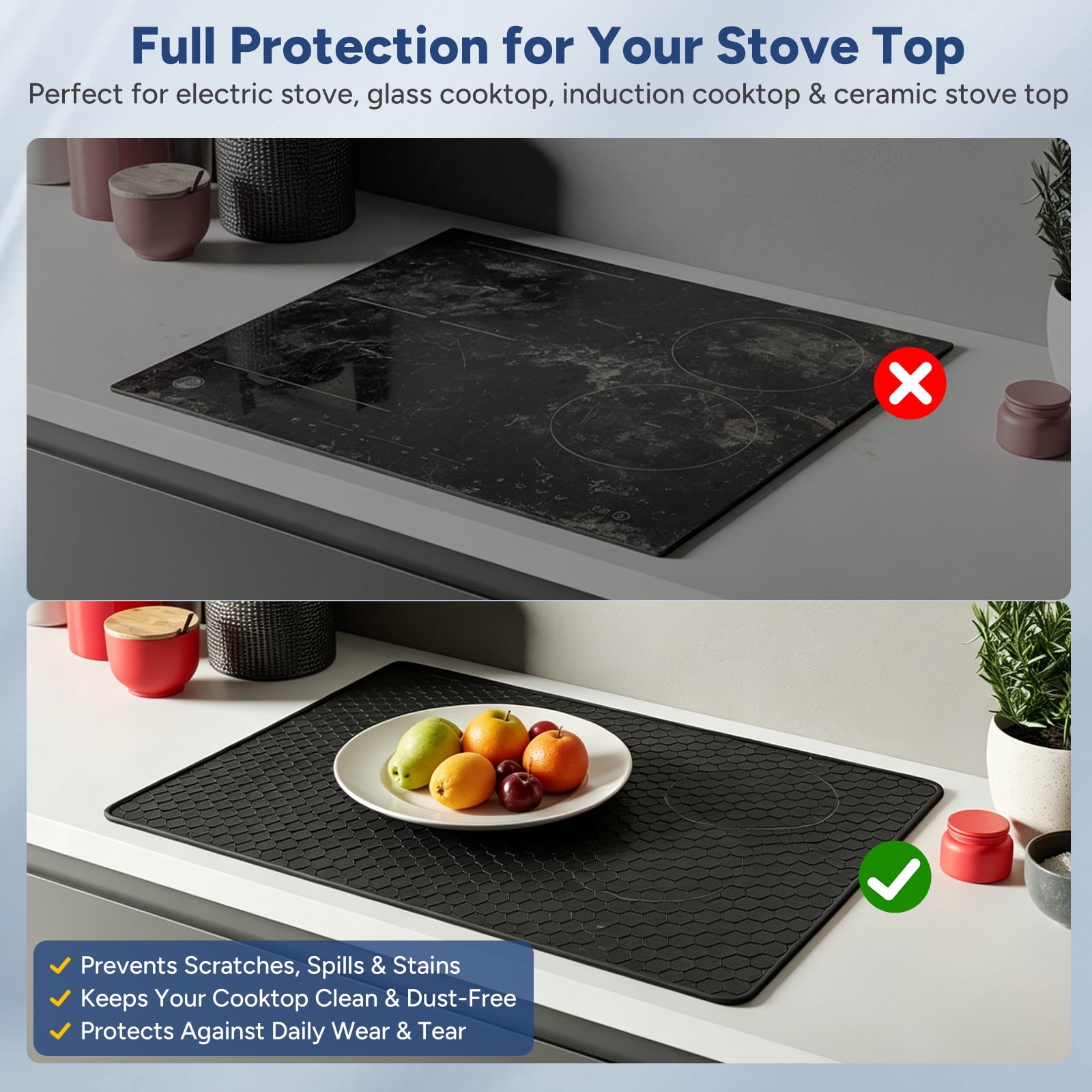 OVINESY Silicone Cooktop Protector for Electric & Induction Stoves, Heat-Resistant & Non-Slip Mat, Black, Hexagonal Pattern, 28 x 20 Inches