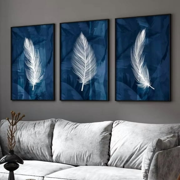 3pcs White Feather Canvas Prints, Modern Minimalist Navy Blue Wall Art, Frameless Landscape Theme Posters for Living Room Bedroom Home Decor