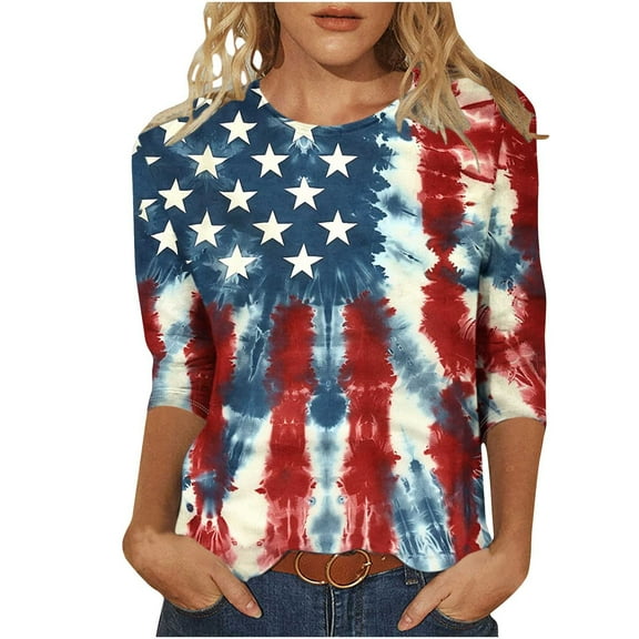 3/4 Sleeve American Flag Tops for Women Plus Size Independence Day Patriotic Tunic Shirts Round Neck Casual 4th of July T-Shirts Memorial Day Outfits Lightweight Loose Fit Cute T Shirts Blouse
