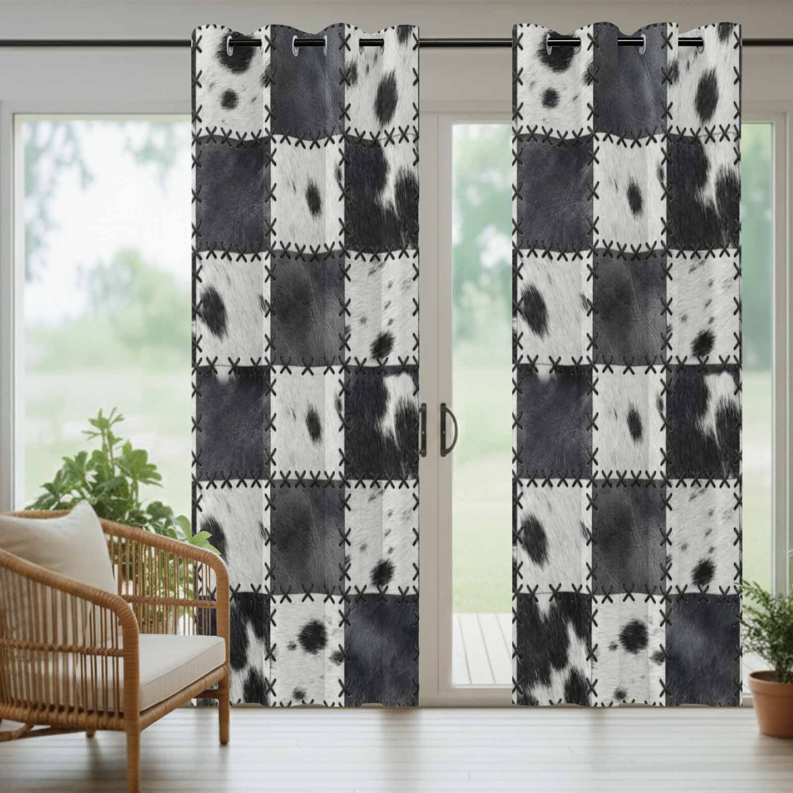 Abstract Cowhide Patchwork Outdoor Curtains for Patio, Country Farm Black White Plaid Sunshade Privacy Drapes Grommet Waterproof Outside Curtains for Porch/Cabana/Balcony 54"x 108", 1 Panel