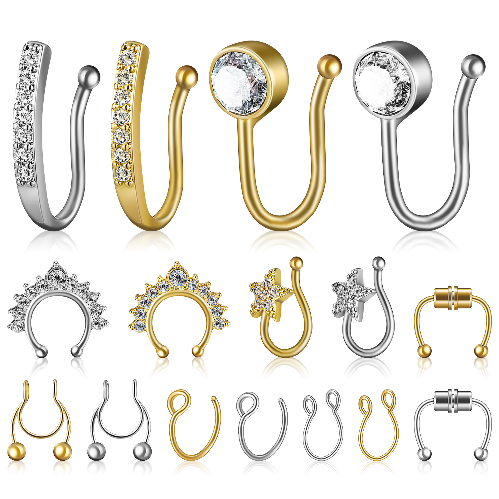 Rosarivae 16 Pcs Faux Fake Nose Studs Rings Nose Septum Piercing Nose Hoop Rings Non Piercing
