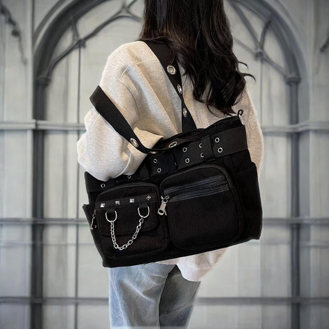 Corduroy Tote Bag Goth Bags for Women Large Gothic Goth Purse for College Work Office Travel
