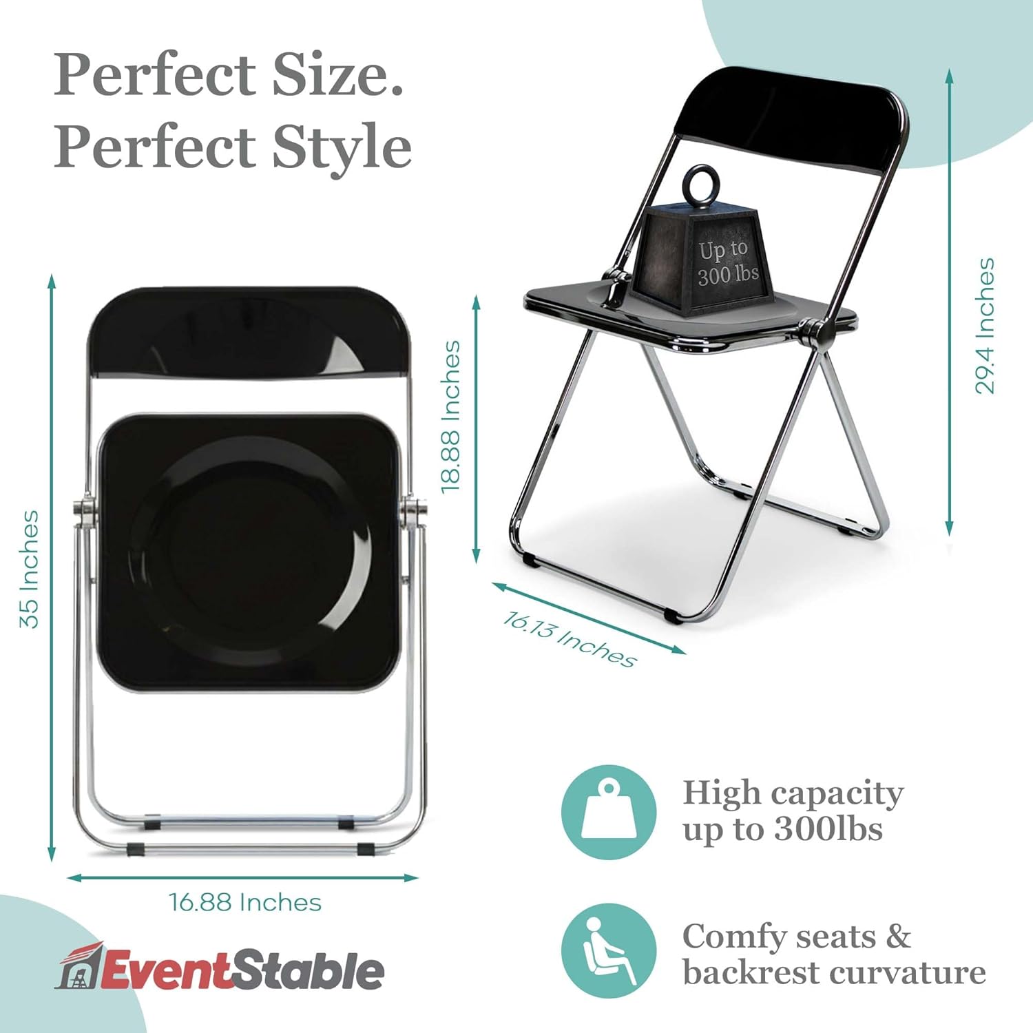 EventStable Clear Acrylic Folding Chair with Electroplate Chrome Frame, Lightweight Portable Seating Stackable Comfortable Chair for Indoor Outdoor Dining, Events & Parties - Onyx - 4-Pack