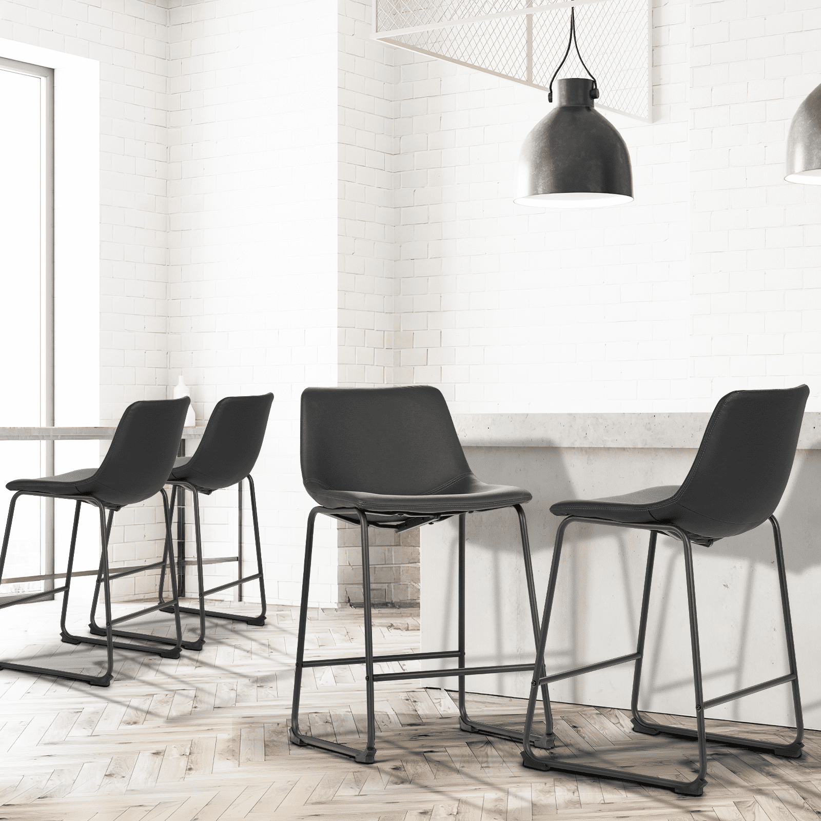 Magshion Modern Barstools Set of 4, PU Leather Counter Height Bar Stools, Dining Pub Chairs with Padded Bucket Seat, Black