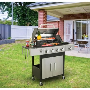 Ashwinter 4-burner 46790BTU Propane Gas BBQ Grill with Side Burner, Enamel Cooking Grids, Stainless Steel, Black   Grey