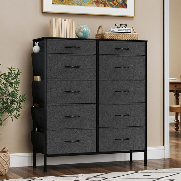 Uforic 10 Drawer Fabric Dresser with Side Pockets, Sturdy Steel Frame, Wooden Top, for , Closets, Storage Tower, Black Ash