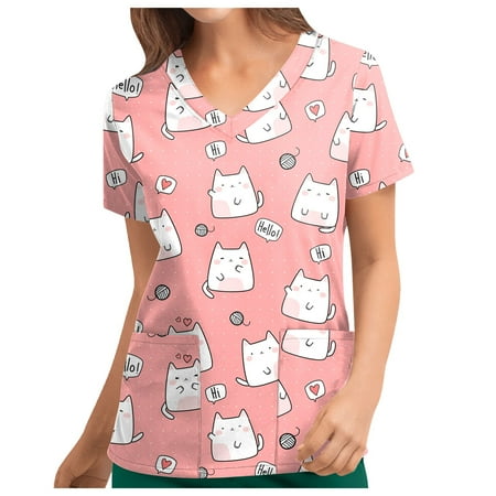 

TKing Fashion Independence Day Women Plus Size Scrubs Top V-Neck Short Sleeve Printed Pockets Work Blouse for Women Pink M