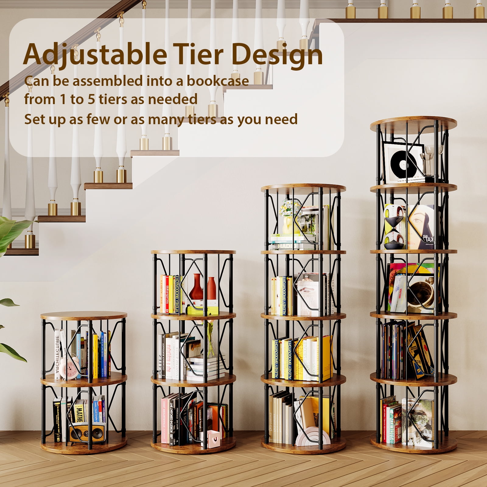 LLappuil 3 Tier Rotating Bookshelf, 360° Display Swivel Bookcase, Corner Bookshelf for for Bedroom, Living Room Brown