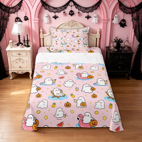 Feelyou Kawaii Ghost Twin Sheets, Happy Halloween Pumpkin Bedding, Pink Orange, 3-Piece, 1 Flat Sheet, 1 Fitted Sheet and 1 Pillowcase