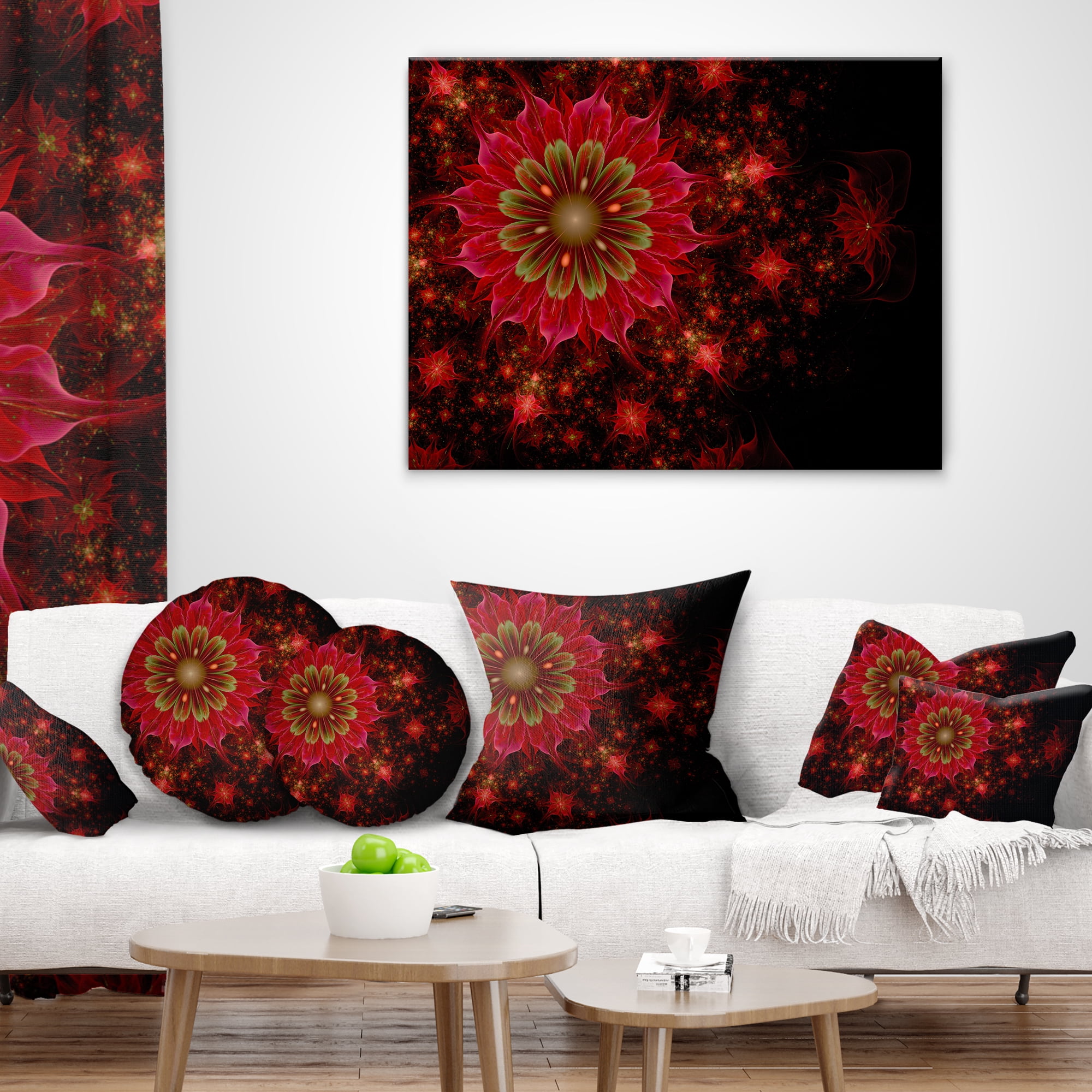 Designart Dark Red and Light Green Fractal Flowers - Abstract Throw Pillow - 12x20