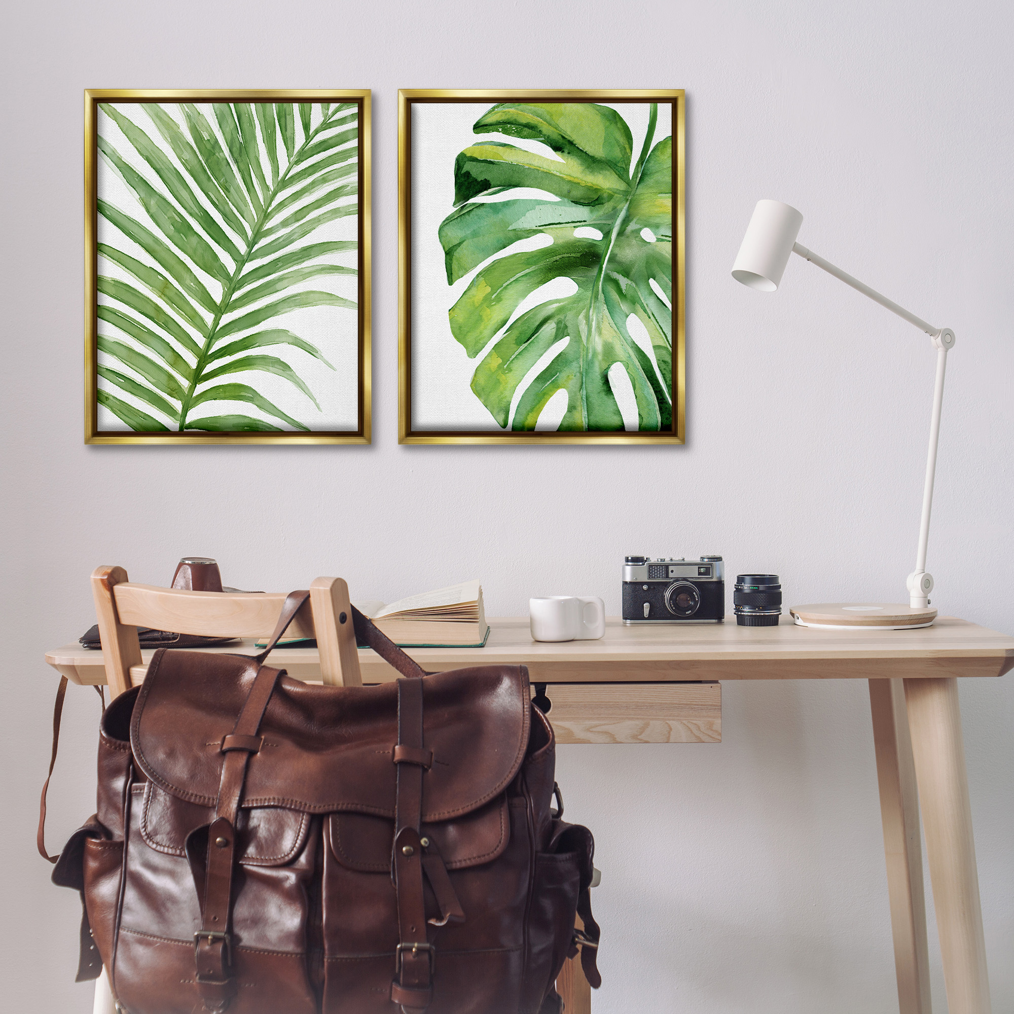 Stupell Industries Minimal Tropical Green Palms Botanical & Floral Painting Gold Floater Framed Canvas Art Print Wall Art, 25 x 31, Set of 2