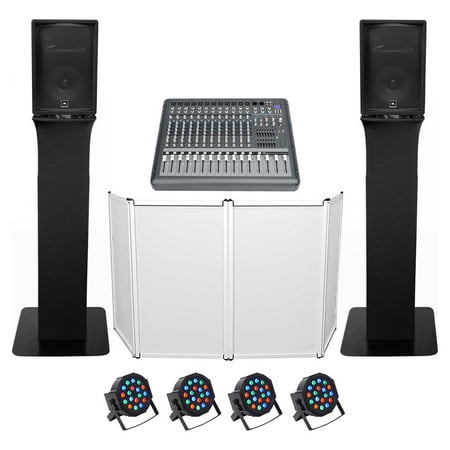 DJ Package w/(2) JBL JRX212 2000w 12" Speakers+Mixer+Totem Style Stands+Facade