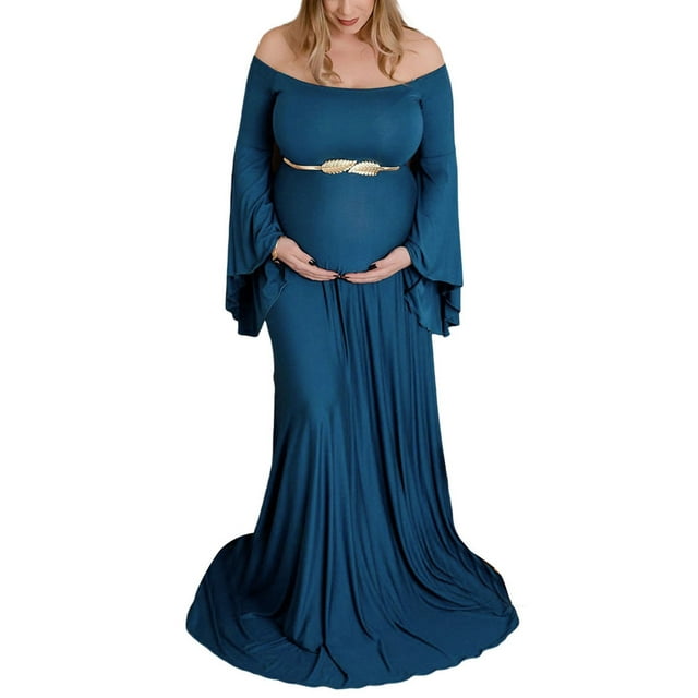 Vestido de Maternidad para Fotografía Color Sólido Elegante Vestido de Manga Larga sin Hombros para Sesión de Fotos de Embarazo