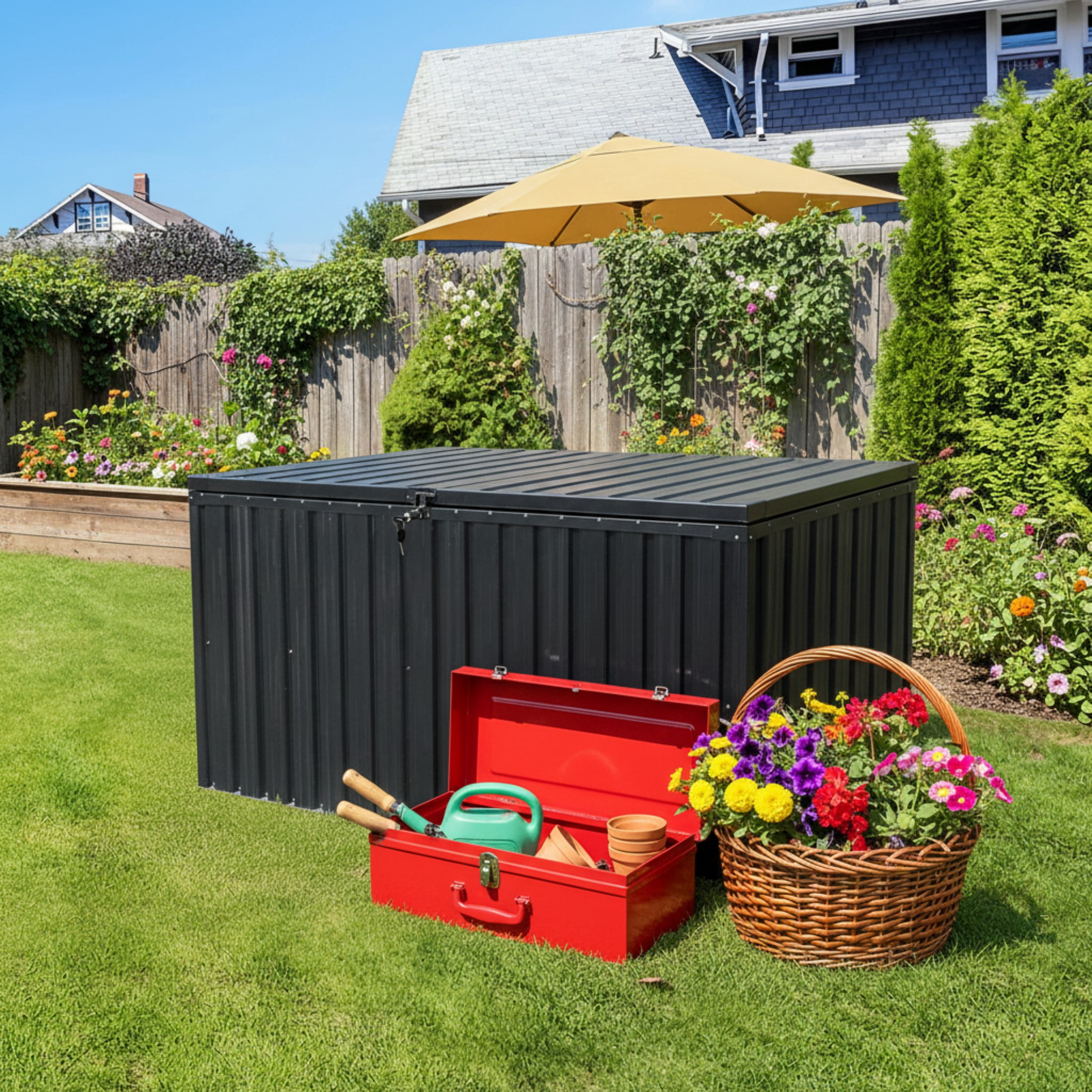 Alvantor Outdoor Storage Box Large Metal Black Deck 72"x37" 344Gal