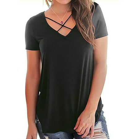 Sexy Cross V Neck Tops for Women Casual Summer Tunic Blouses Short Sleeve T-Shirt High Low Hem Loose