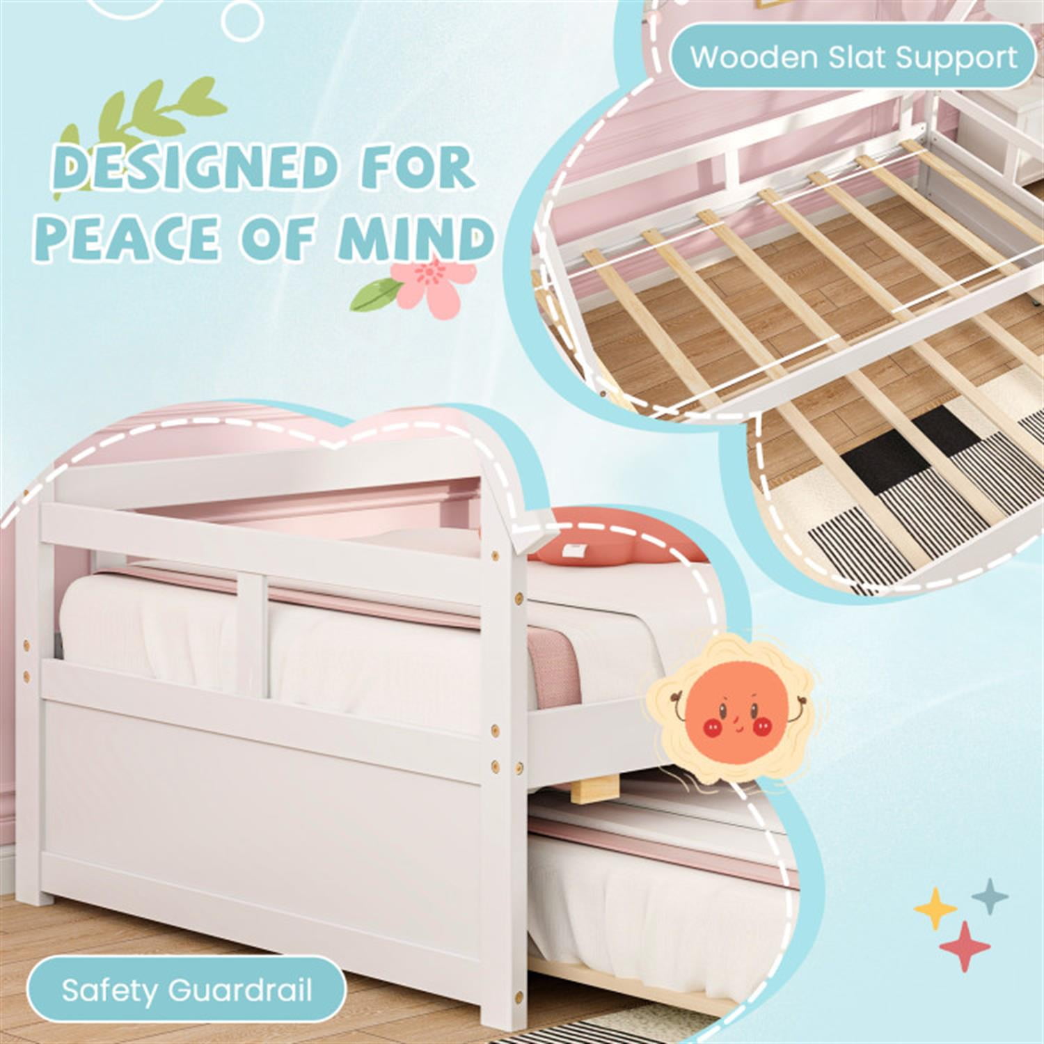 Demi Bonn Twin Size House Bed Frames with Trundle and Safety Guardrail, Modern Platform Bed Frames for Teens, White