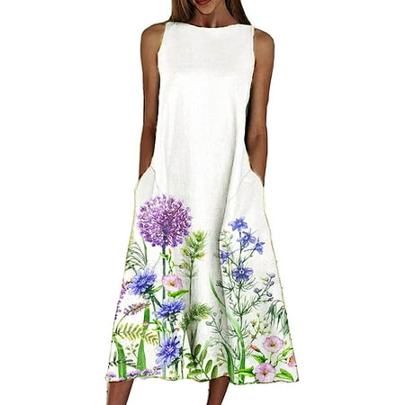 

PIKADINGNIS Womens Summer Flower Floral Print Dresses for Women One Word Collar Skirt Middle Length Dress with Pockets Sleeveless Dress