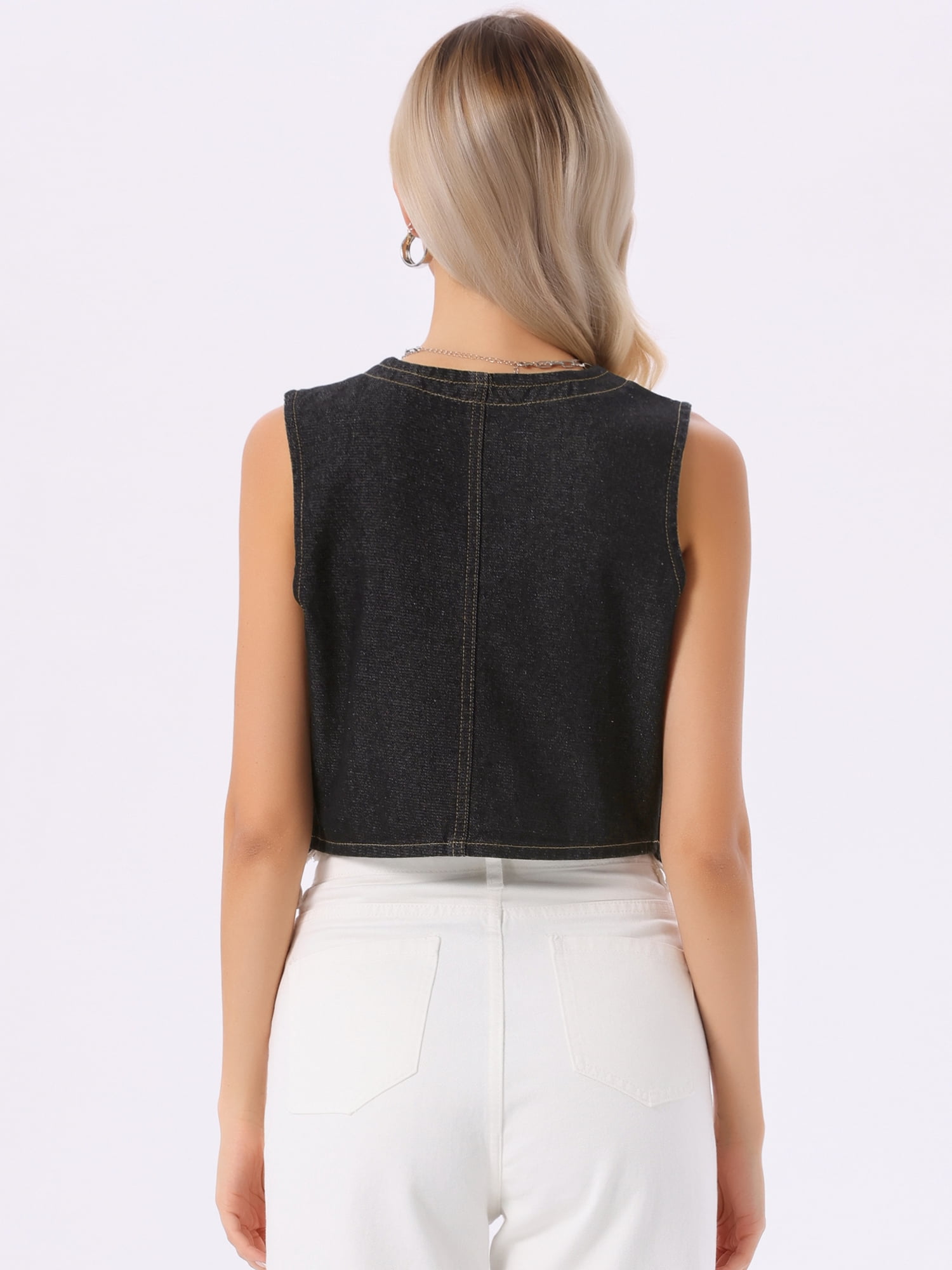 DARING DIVA Women's Denim Vest Sleeveless Button Down Cropped Waistcoat L Black