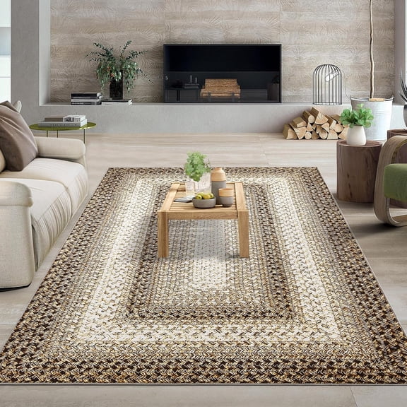 Homhougo 3x5 Washable Boho Entryway Rug, Non-Slip, Low Pile, Faux Wool Distressed Area Rug, Small Throw Carpet for Kitchen, Bathroom, Indoor Door Mat, Beige