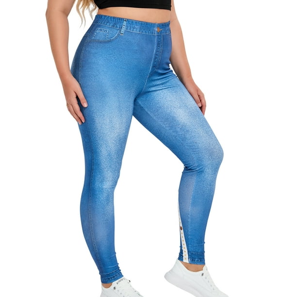 Sexy Dance Women Faux Denim Pant Tummy Control Plus Size Leggings Butt  Lifting Fake Jeans Slim Fit Jeggings High Waist Bottoms Blue 2XL 