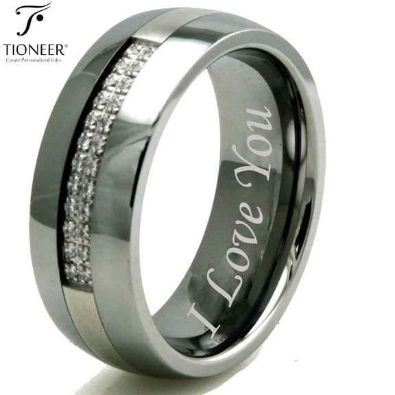 Tioneer Tungsten Carbide & Infused Stainless Steel w/ 24 Cubic Zirconia Men Women Wedding Band Ring 8mm Free "I Love You" Engraved